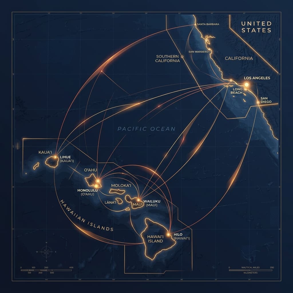 Territory coverage map connecting Southern California and Hawaii
